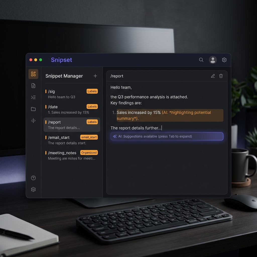 Snipset application interface showing the snippet manager panel and AI-powered text expansion